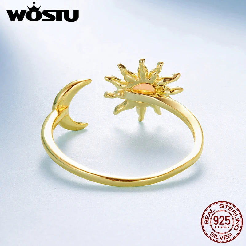 WOSTU 925 Sterling Silver Opal Sun and Moon Open Ring Plated Gold Original Warm for Women Anniversary Birthday Fine Jewelry Gift