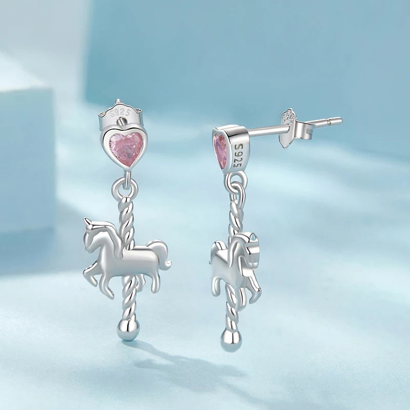 WOSTU 925 Sterling Silver Lovely Girl Birthday Jewelry Pink Heart Carousel Stud Earrings Studs Gift For Daugter Family CQE1857