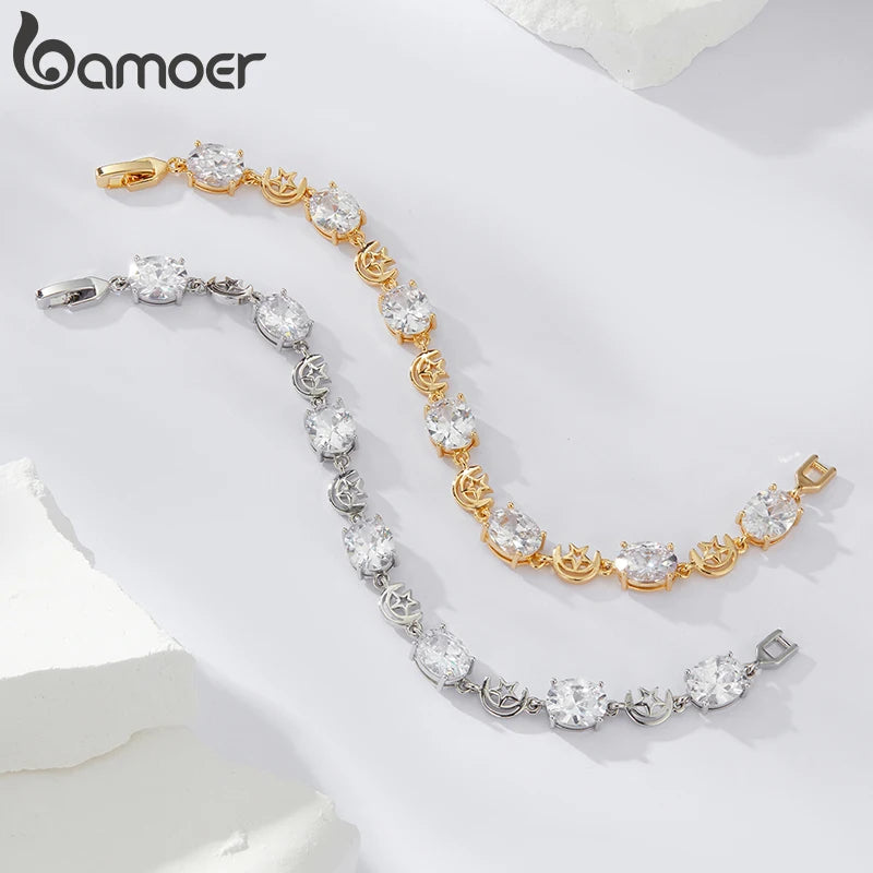 BAMOER White Gold Plated Sparkling Cubic Zirconia Classic Star and Moon Bracelet, Gold Bracelets for Women Fashion Jewelry