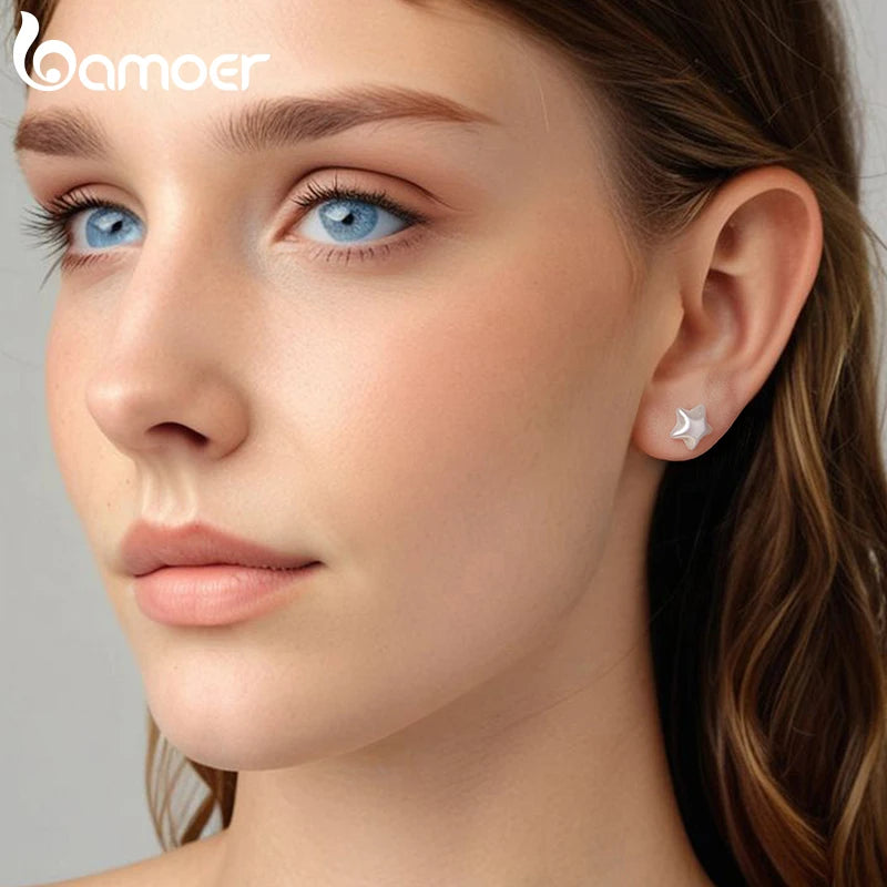 BAMOER 925 Sterling Silver Resin Star Earrings for Women, Smooth Luster Halo Stud Earring with Pearl Color Elegant Party Gift