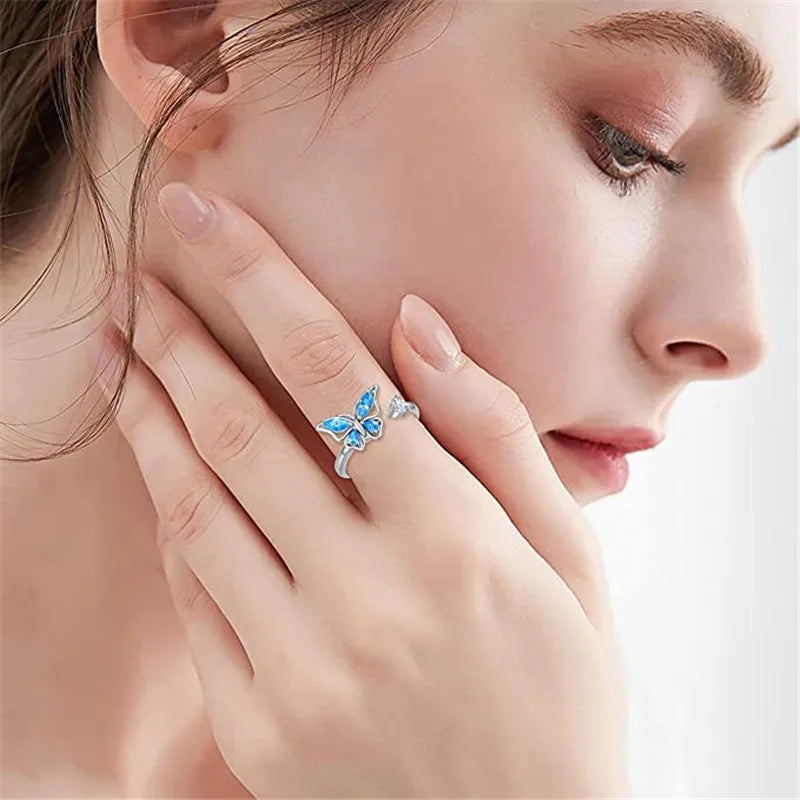 Korean Fashion Anxiety Fidget Spinner Rings for Women Crystal Rose Sunflower Butterfly Rotating Mood Ring Girls Wedding Jewelry