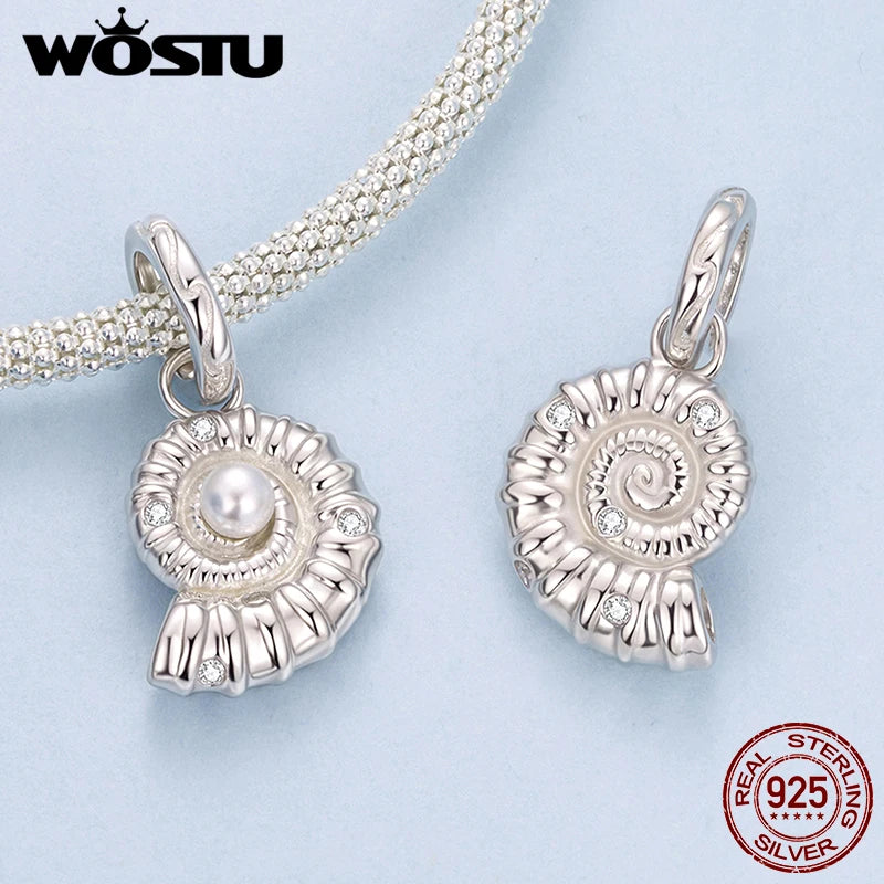 WOSTU 925 Sterling Silver Seashell Pendant Charms With Pearl & CZ, Top Quality Holiday s925 jewelry Sea Shell Chain Links