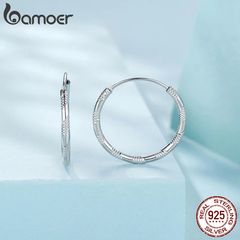 BAMOER 925 Sterling Silver Carved Floral Silver Large Hoop Earrings, Geometric Round Ear Cuff for Women Punk Jewelry Gift