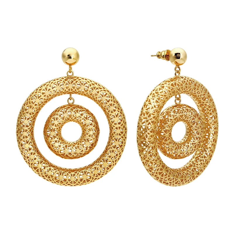 IVOG Bicyclic Ring Hollowed Out Drop Earrings For Women Brass Gold Color Earrings Fashion Luck Jewelry official-website