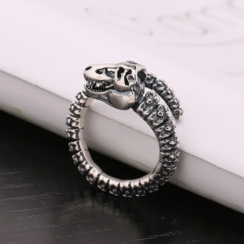 Buyee 925 Sterling Silber Ring Finger Schwarz Dinosaurier Knochen Ring für Frau Mann Mode Einzigartige Große Feine Schmuck Kreis mit Box