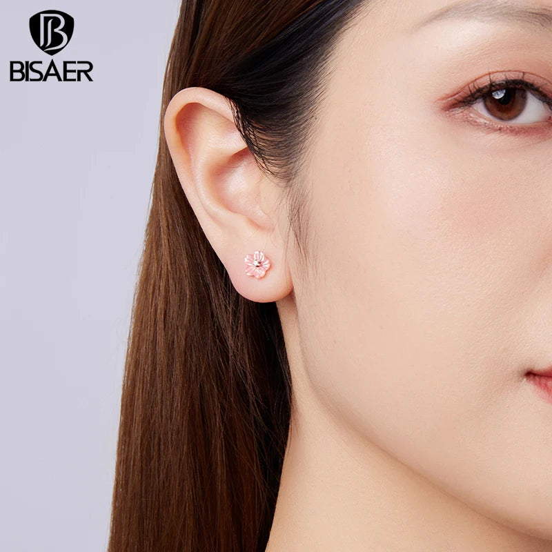 BISAER 925 Sterling Silver Sakura Pink Shell Stud Earrings Flower Hypoallergenic Stud Ear for Women Party Fine Jewelry EFE1190