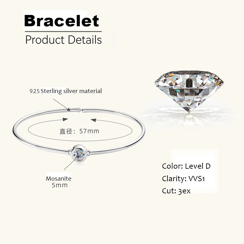55mm/59mm 925 Sterling Silver 18K Yellow 0.5Ct Round Moissanite Bracelet For Women, Exquisite Accessories, Birthday Party Gift