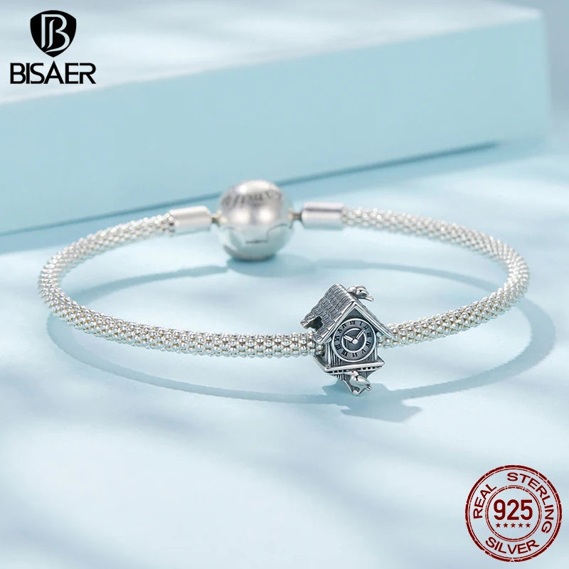BISAER 925 Sterling Silver Retro Cuckoo Clock Charm Vintage House Clock Bead for Women DIY Bracelet & Necklace Fine Jewelry Gift