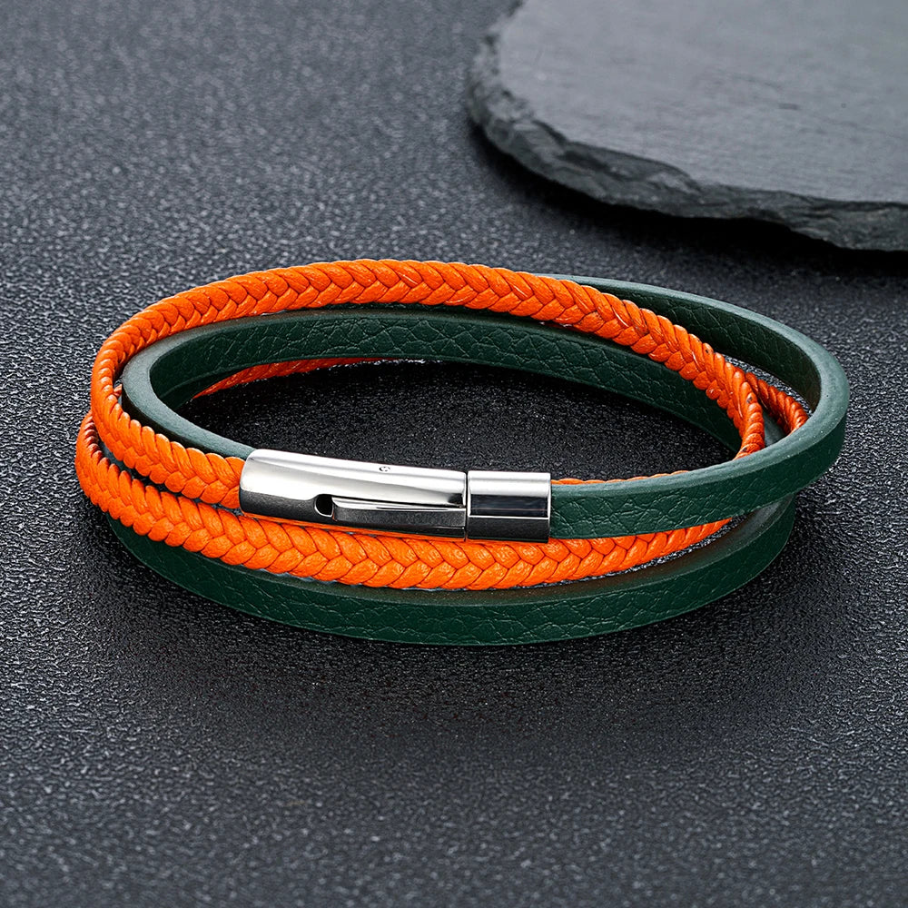 MKENDN Minimalist Men Double Strand Woven Orange Leather Bracelet Stainless Steel Button Buckle Accessories Handmade Jewelry