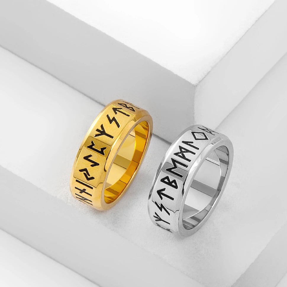 YILUOCD Stainless Steel Viking Runes Ring Nordic Style 24 Runes Powerful Amulets Vintage Odin Norse Counple Jewelry - Madeinsea©
