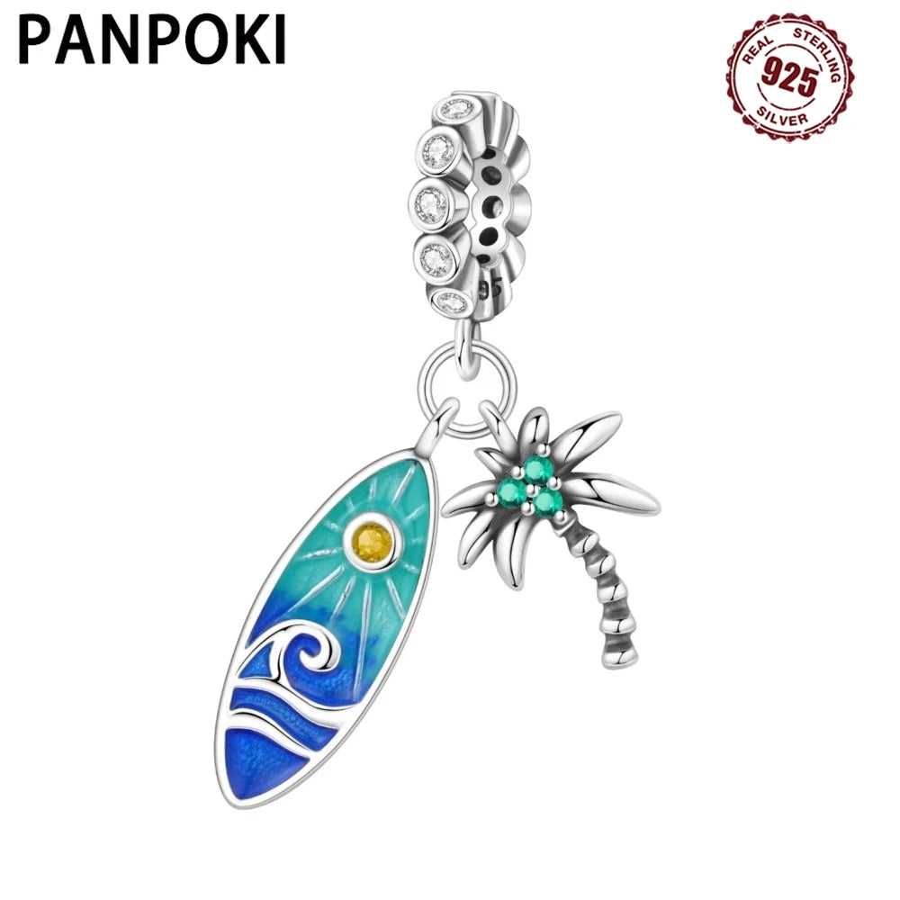 PANPOKI 925 Sterling Silver Surfboard Coconut Tree Pendant Charms Beads Fit Bracelet DIY Party Trendy Gift Jewelry Accessory