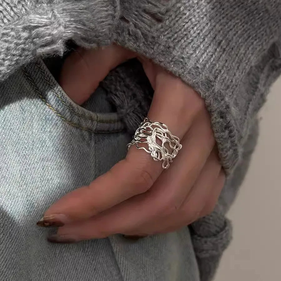 Sam Panda 925 Sterling Rings for Women Simple Geometric Handmade Irregular Retro Ring Gold Zircon Allergy For Birthday Gift