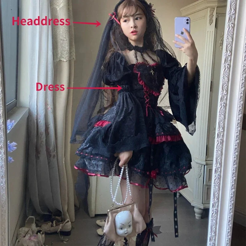 Gothic Lolita Jsk Dresses Victorian Women Elegant Lace Halter Neck Dark Mini Dress Girls Punk Y2K Halloween Holiday Party Dress
