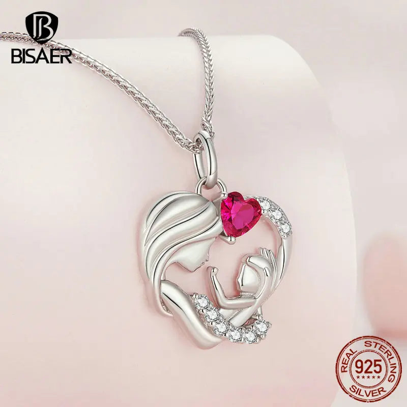 BISAER 925 Sterling Silver Mother & Child Pendant Necklaces Heart Charm Adjustable Chain For Women Mother's Day Birthday Jewelry