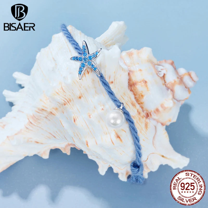 BISAER 925 Sterling Silver Bule Starfish Pearl Bracelet Simple Bracelets for Women Charms Beads DIY Fine Jewelry Holiday Gift