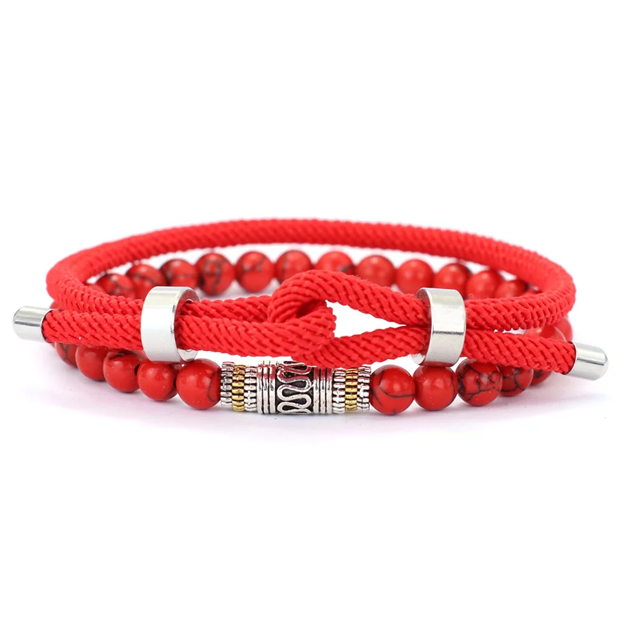 Stylish 2Pcs Men Bracelet Set 4mm Grade A Rope Charm Braslet 6mm Lava Onyx Stone Beaded Braclet Good Luck Red Cord Brazalete