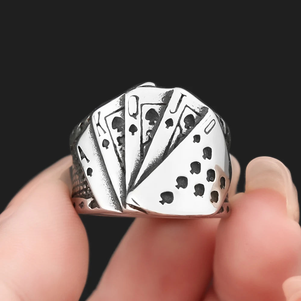 Vintage Stainless Steel Lucky Poker Rings For Men Women Hip Hop Biker Playing Card Finger Ring Fashion Party Jewelry Accessories
