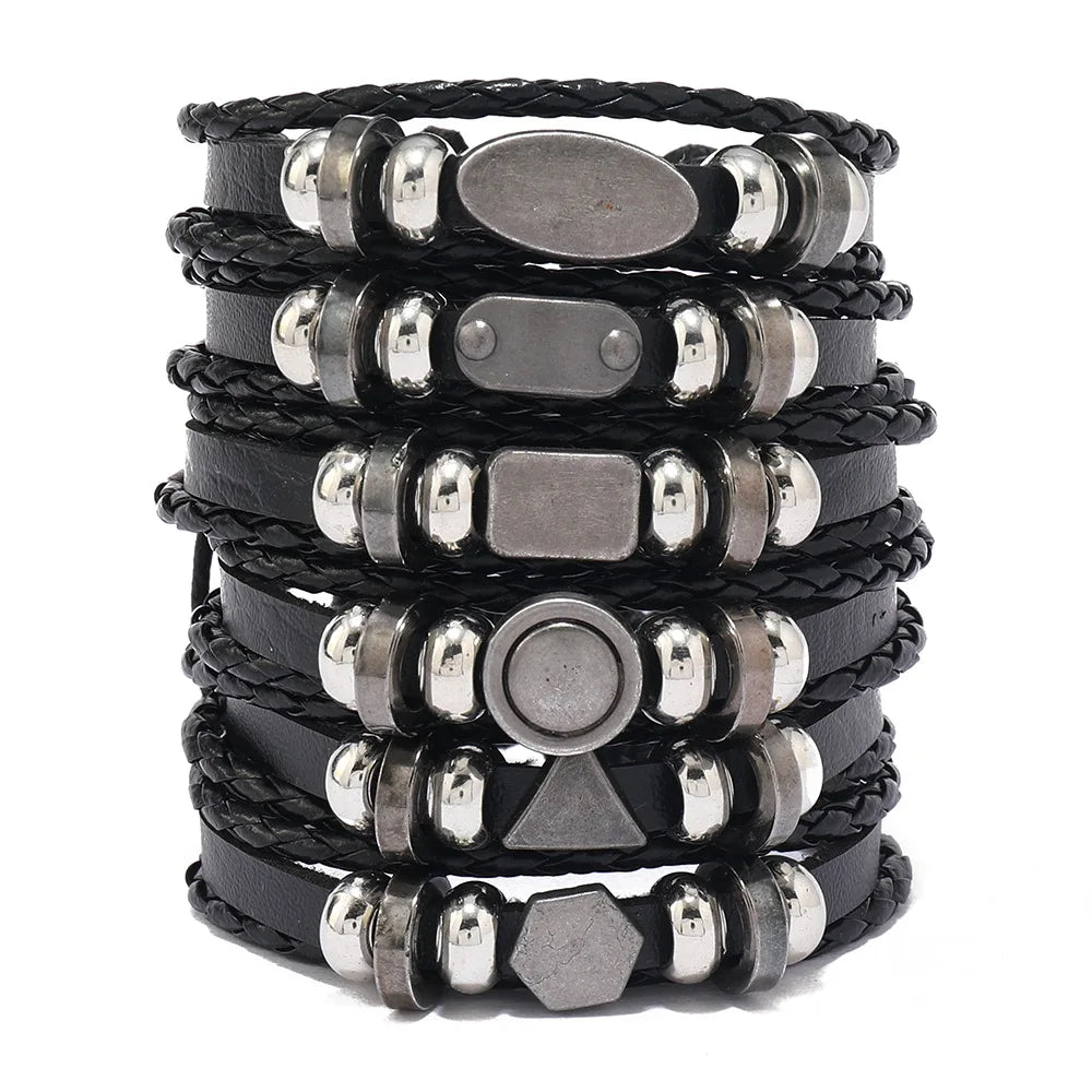 6-piece set Fashion Leather Bracelet Personalized DIY Knitted Leather Bracelet Simple Multi layered Adjustable Cowhide Bracelets