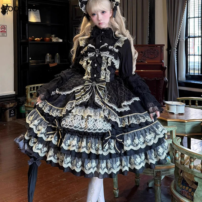 Victorian Gothic Lolita JSK Dress Women Luxury Elegant Lace Ruffles Bow Wedding Dress Japanese Vintage Princess Party Dresses Black JSK Dress / L