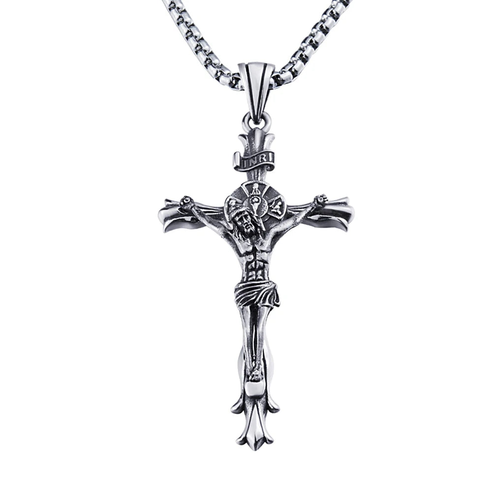 New Vintage Jesus Cross Pendant Necklace For Men Stainless Steel Punk Cross Religious Necklaces Fashion Amulet Jewelry Wholesale