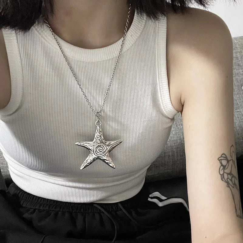 Exaggerated Metal Big Starfish Pendant Necklace for Women Silver Color Punk Gothic Star Chain Choker Girl Party Y2K Jewelry