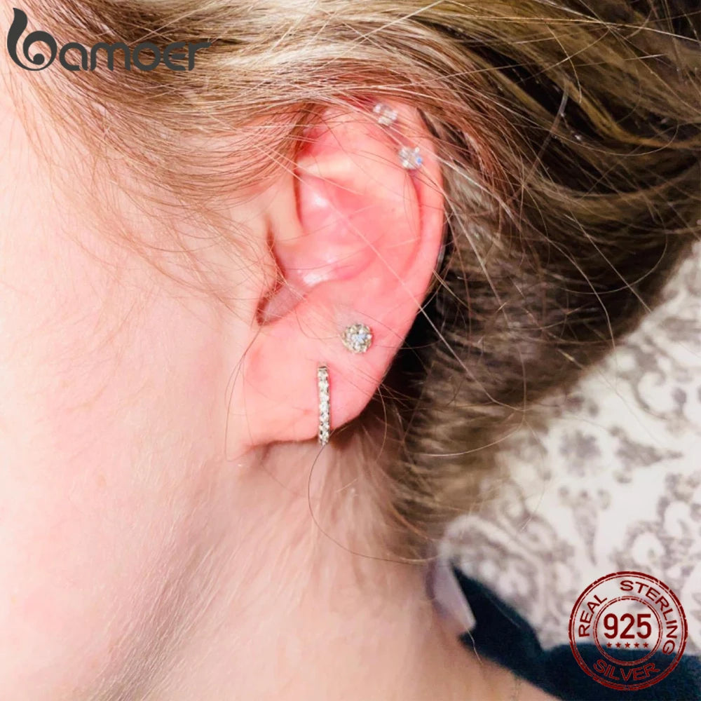 BAMOER 14K Gold Plated 925 Sterling Silver Cubic Zirconia Cuff Earrings Huggie Studs