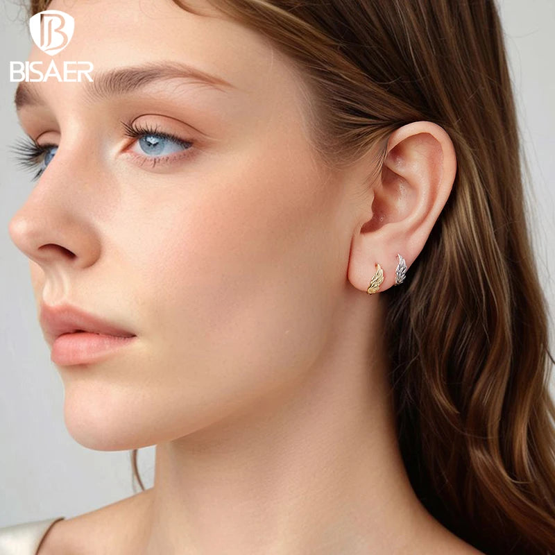 BISAER Solid 925 Sterling Silver Angel Wings Ear Buckles Vintage Wing Hypoallergenic Earrings Plated Gold for Women Fine Jewelry