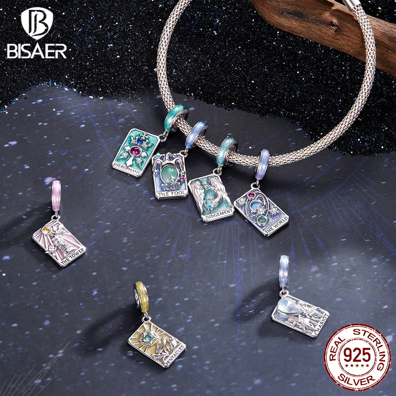 BISAER 925 Sterling Silver Tarot Card Series Pendant Tower Chariot World Judgment Hierophant Charm for DIY Bracelet Fine Jewelry