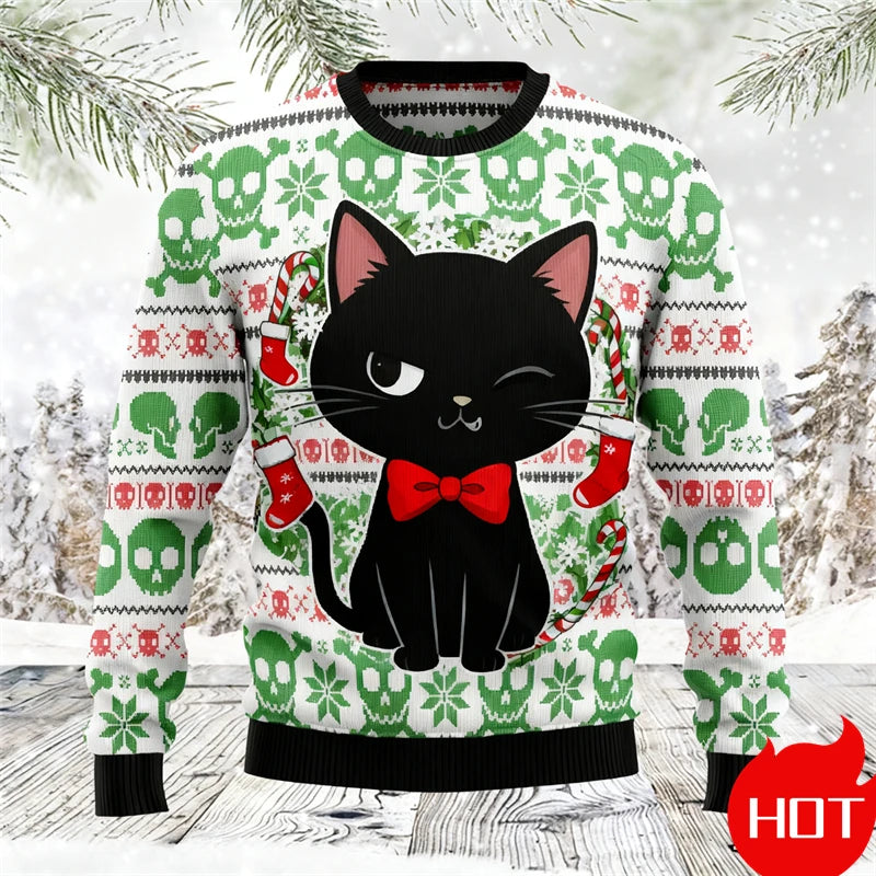 Black Cat Graphic Ugly Christmas Sweater Men Women Holiday Sweatshirt Pullover Xmas Santa 2026 Hot Sale Top Crewneck Long Sleeve