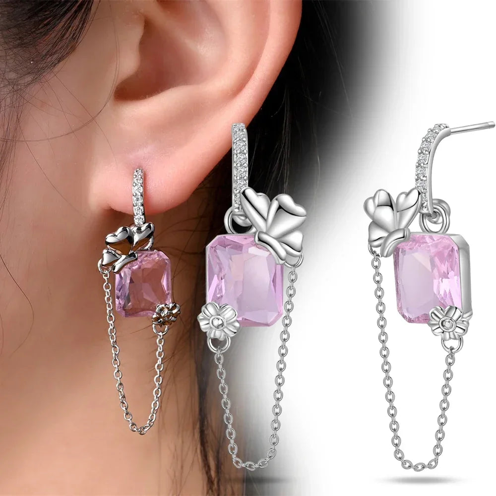 925 Sterling Silver Earrings Women Jewelry Butterfly Flower Pink Flowers Zircon Hoop Ear Studs Sparkling Earring Wedding Gift