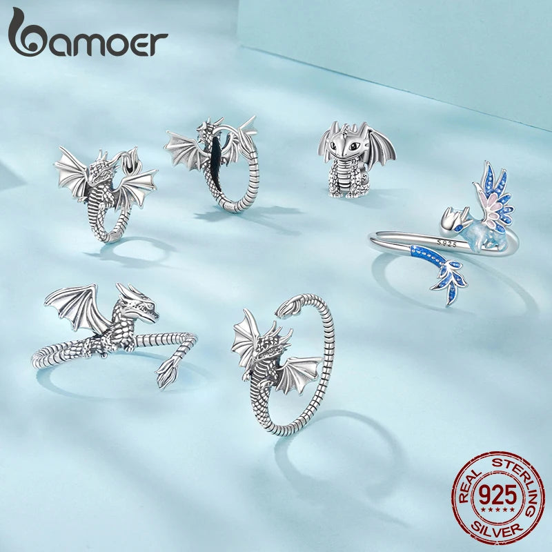 BAMOER 925 Sterling Silver Dragon Ring Adjustable Cute Animal Lover Jewelry Birthday Gifts for Women SCR1135-E