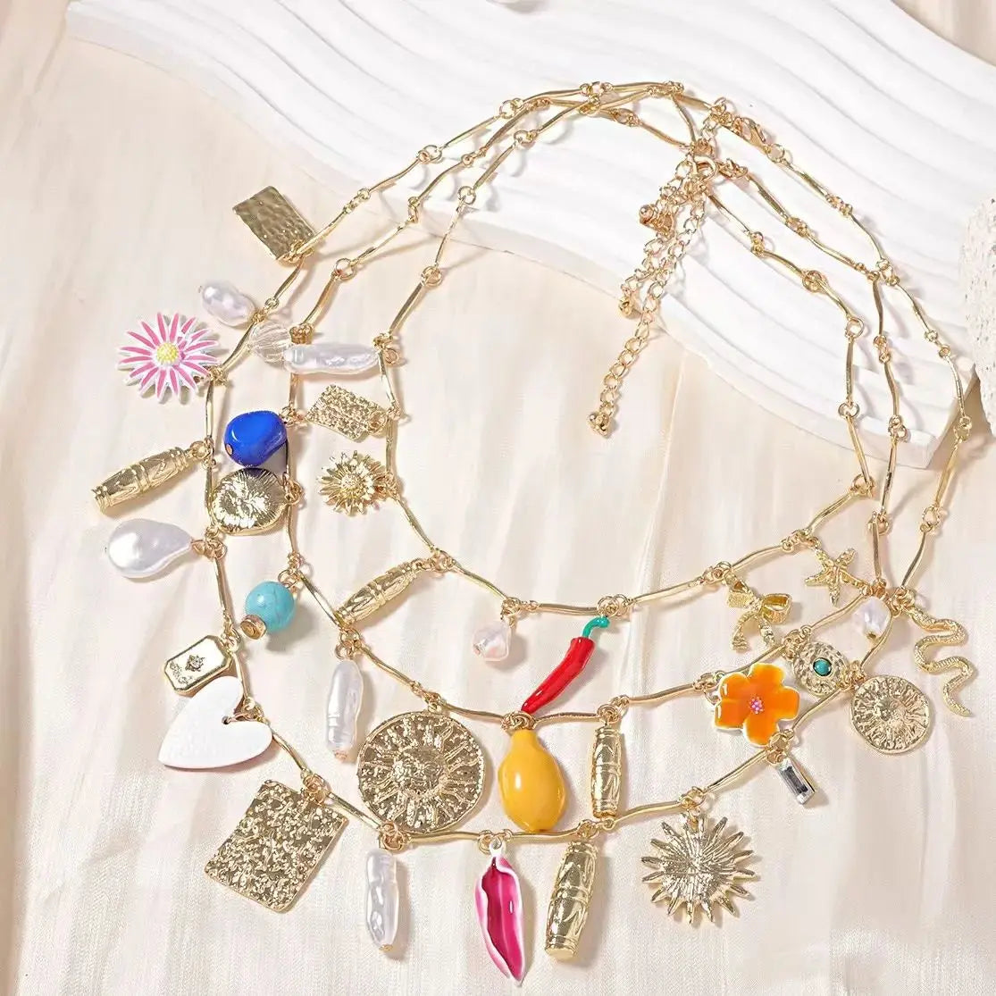 ZAA Cute Multi-Layer Snake Chili Flower Tassel Pendant Necklace