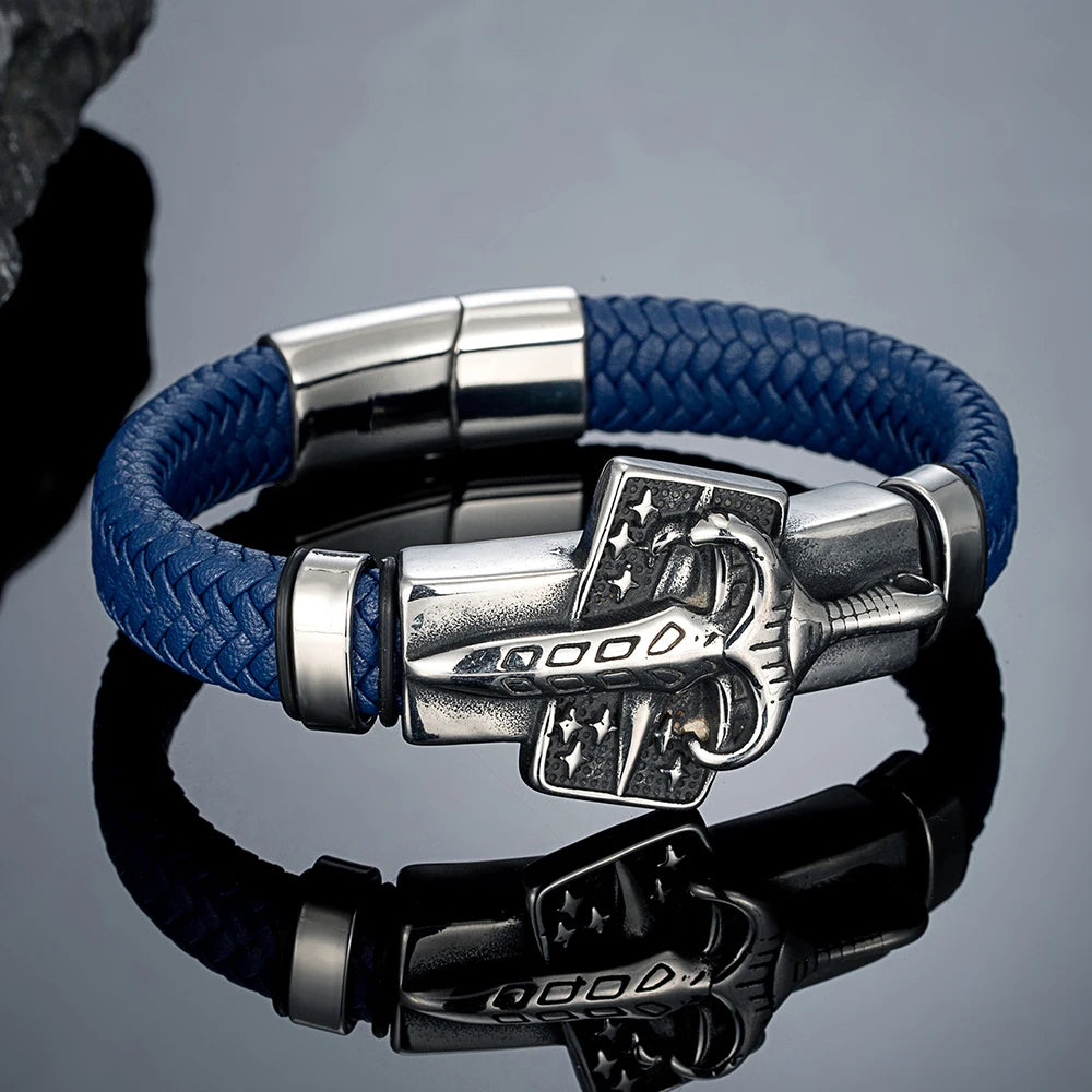 MKENDN Viking Style Men Braided Genuine Red Leather Bracelet Warrior's Sword Stainless Steel Magnetic Buckle Homme Pulseras
