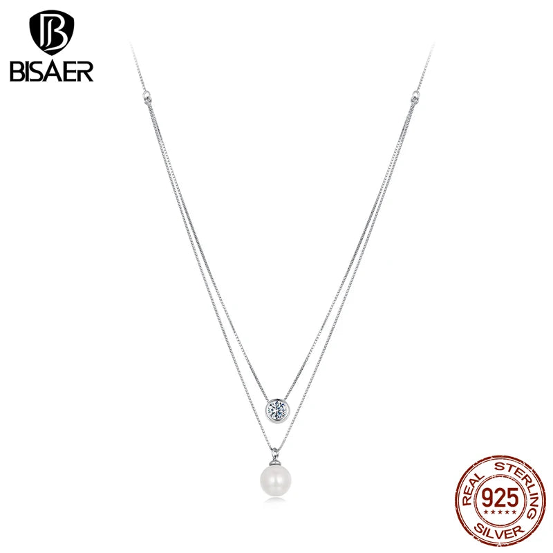 BISAER Moissanite & Pearl Double Layer Necklace VVS1 EX Delicate Lab 925 Sterling Silver Chain For Women Wedding Fine Jewelry