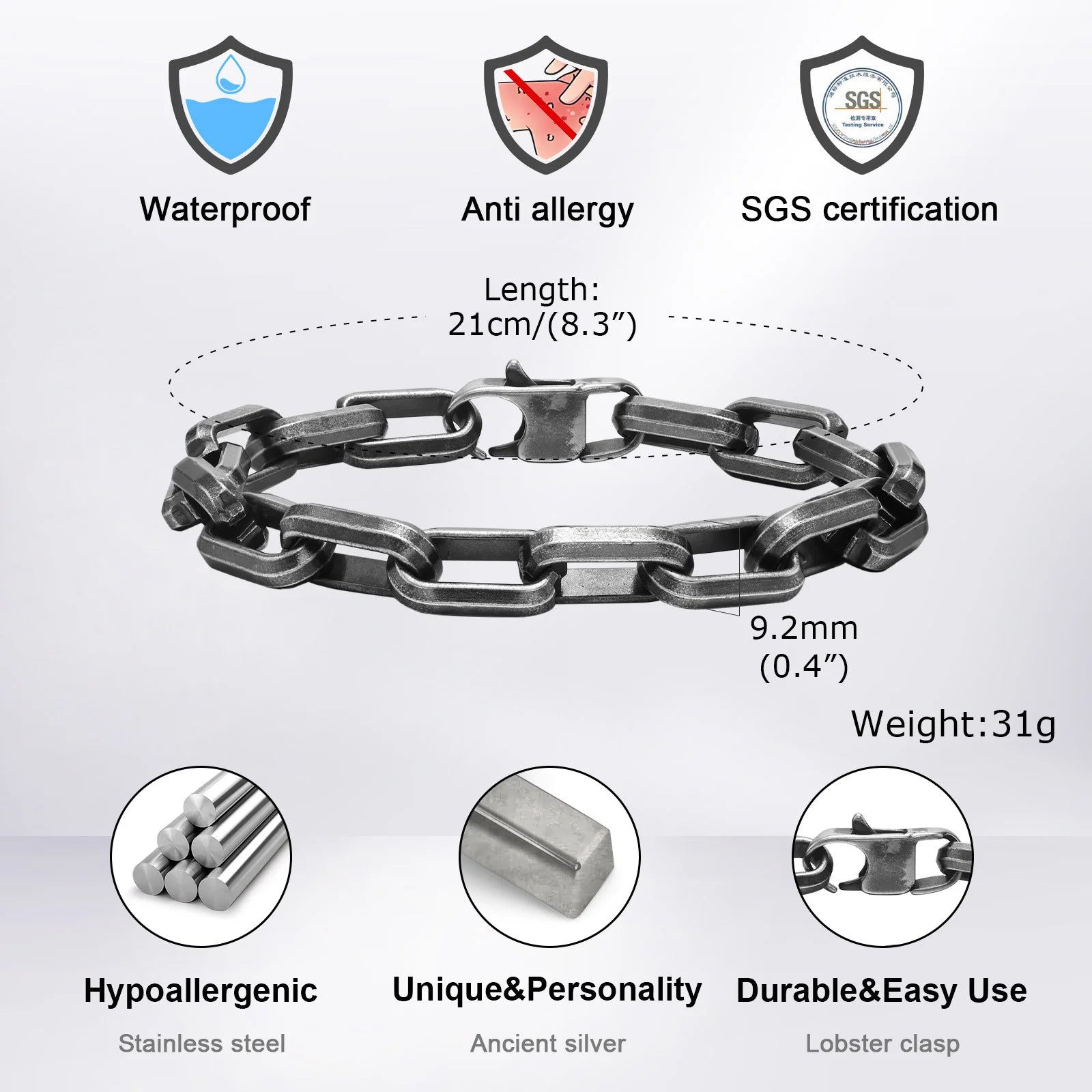 Vnox Punk Heavy Rectangular Link Chain Bracelets for Men Teens Boys, Vintage Oxidized Paperclip Chain Wristband, Chunky Jewelry - Madeinsea©