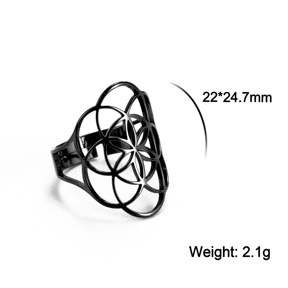 Unift Scared Geometry Flower of Life Ring Adjustable Stainless Steel Ring Men Women Accessories Vintage Filigree Viking Jewelry - Madeinsea©