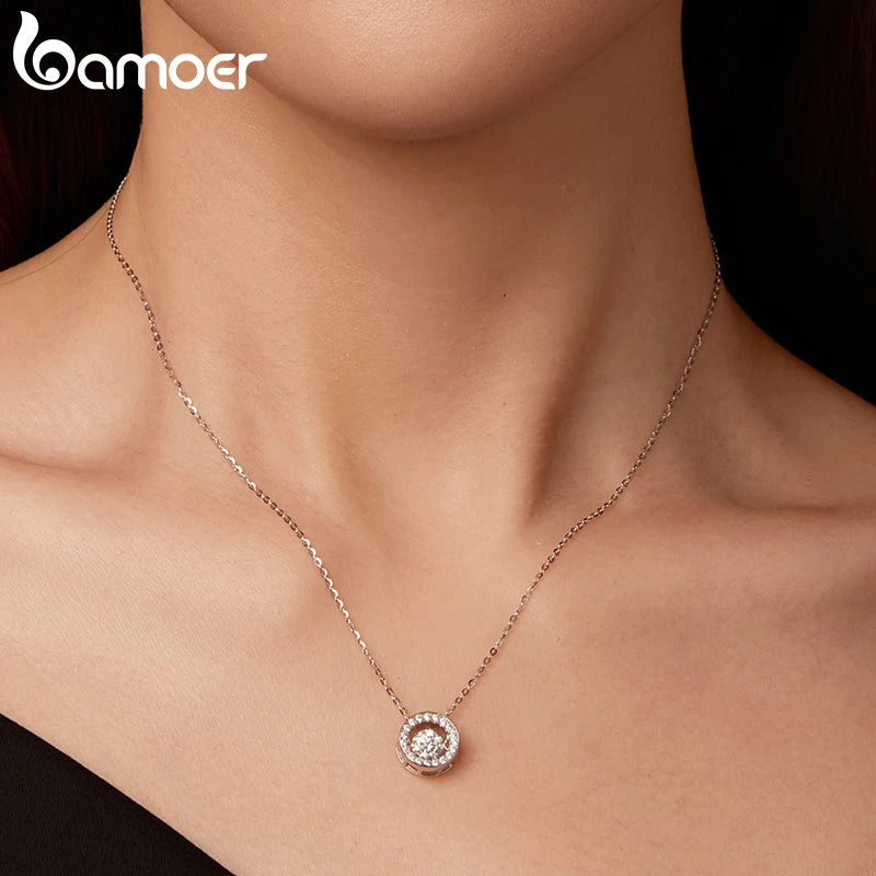 BAMOER 0.5CT Dancing Moissanite Necklace 925 Sterling Silver Halo Round Pendant Link Necklace for Women Wedding Jewellry Gift