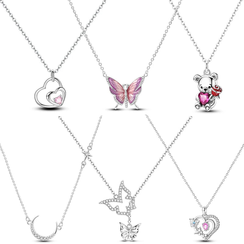 Necklaces 925 Silver Color Butterfly Cute Bear Lucky Symbol Zircon Heart Shaped Necklaces For Woman Valentine's Day Fine Jewelry