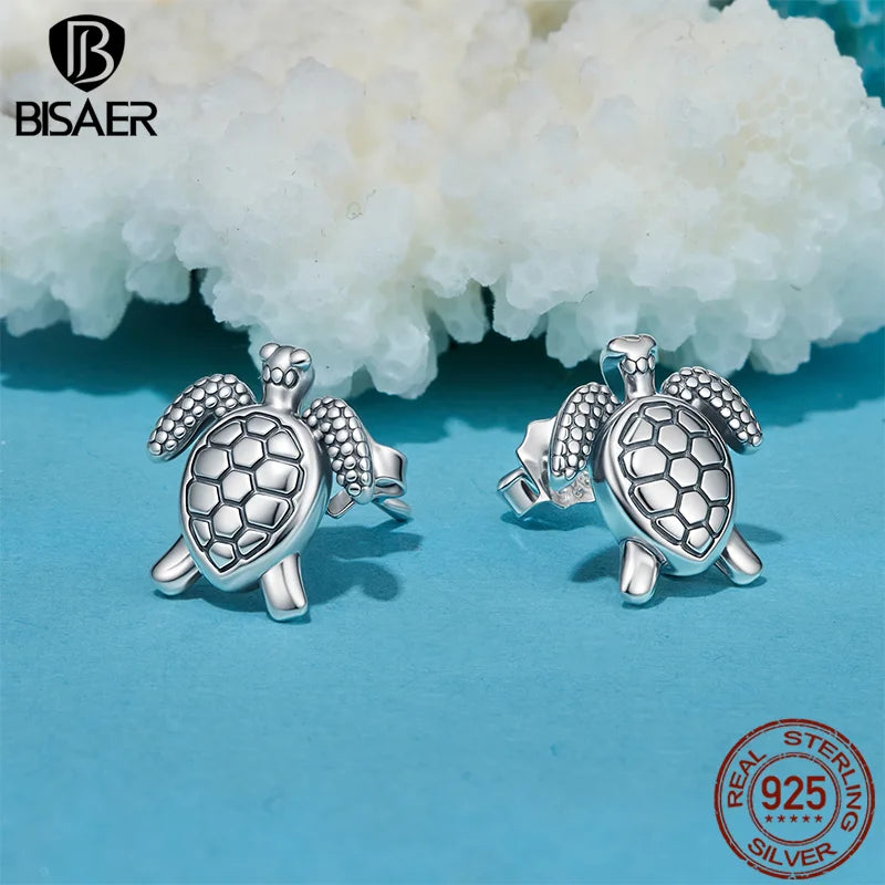 BISAER 925 Sterling Silver Cute Mini Turtle Stud Earrings Stud Ear Hypoallergenic for Women Party Fine Jewelry Vacation Gifts