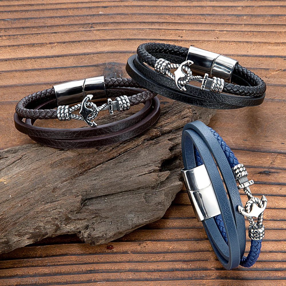 MKENDN Classic Anchor Bracelet Woven Multilayer Braided Leather Bracelet for Men & Women Stainless Steel Jewelry Gift for Him/He