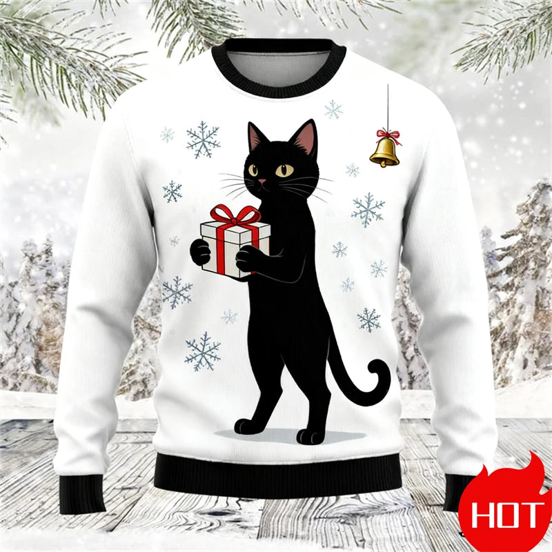 Black Cat Graphic Ugly Christmas Sweater Men Women Holiday Sweatshirt Pullover Xmas Santa 2026 Hot Sale Top Crewneck Long Sleeve