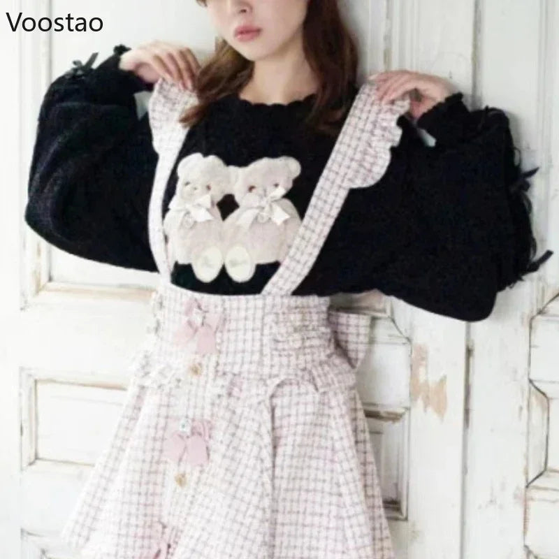 Sweet Lolita Cartoon Plush Bear Bunny Knitted Pullovers Women Harajuku Bow Pearl Ribbon Sweaters Japanese Girls Knitwear Tops - Madeinsea©