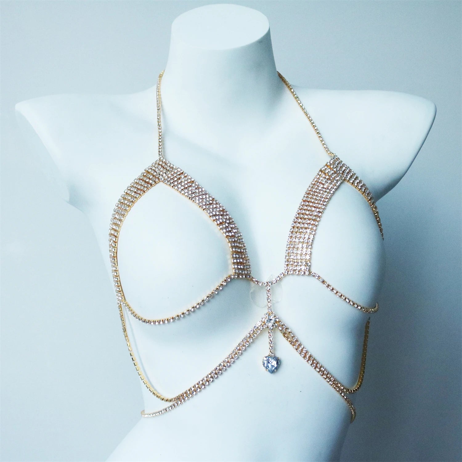 Sexy Shining Love Crystal Chest Chain Pendant Jewelry Nightclub Party Bikini Rhinestone Chest Chain Underwear Dressing