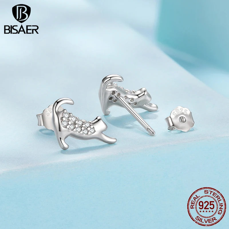 BISAER 925 Sterling Silver Cute Cat Stud Earrings Pet Dog Hypoallergenic Earrings Plated White Gold for Women Fine Jewelry Gift