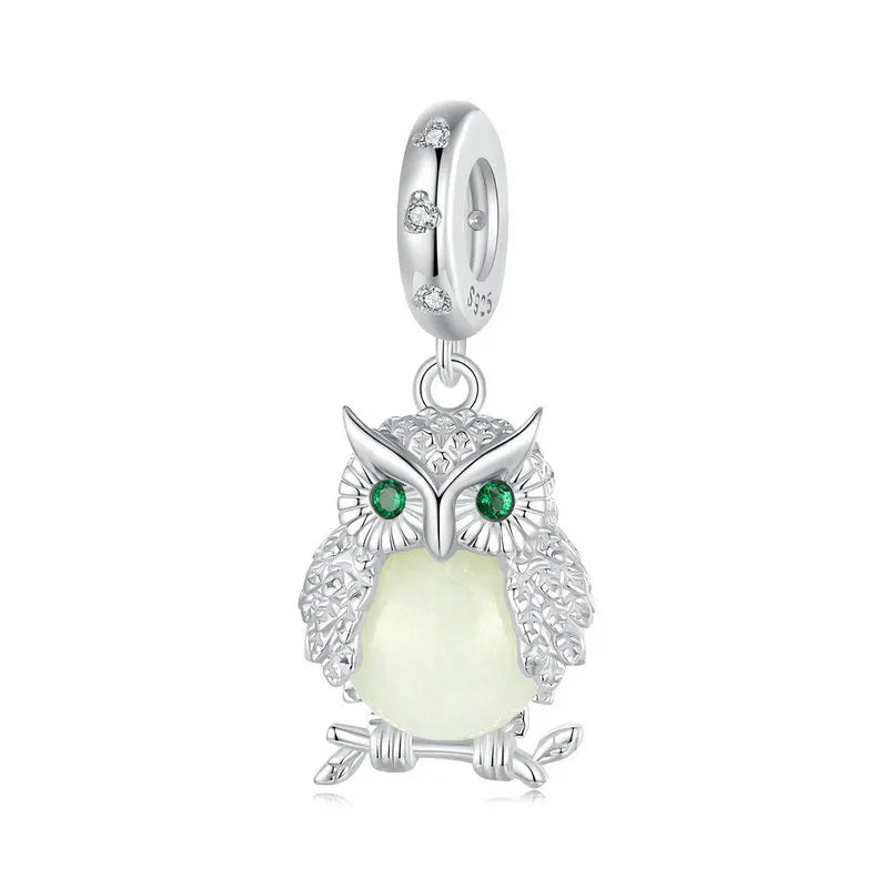 WOSTU 925 Sterling Silver Luminous Owl Charms Cross Pendant Firefly Glow in the dark Turtle Beads Fit DIY Bracelet Necklace Gift