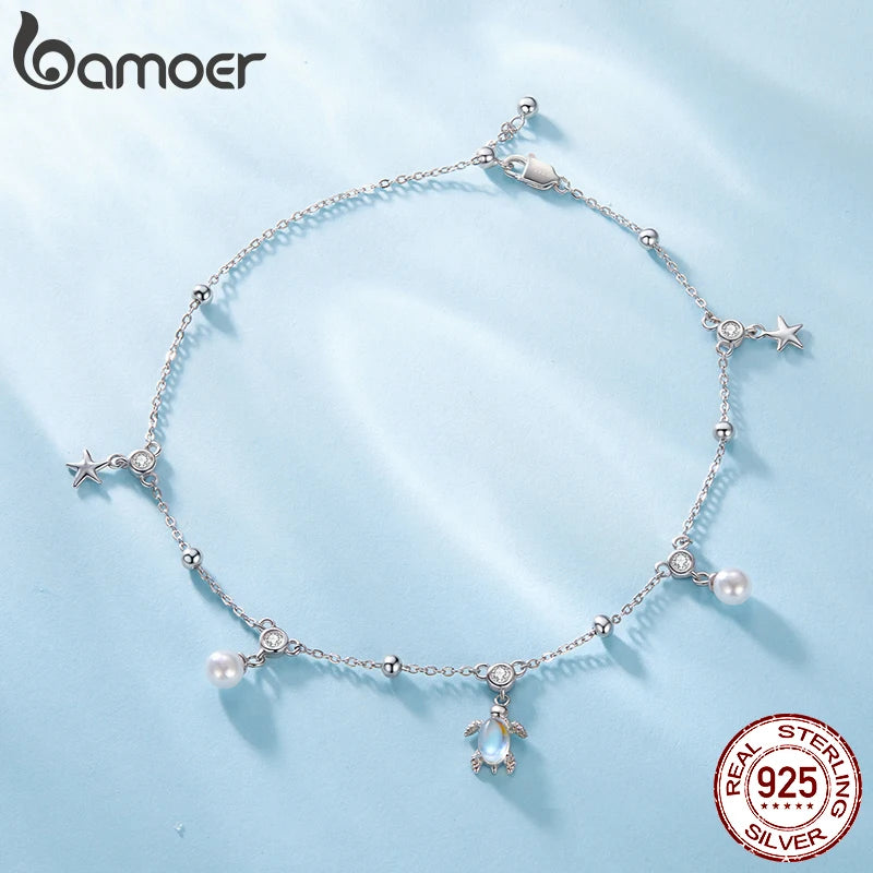 BAMOER 925 Sterling Silver Snake Chain Anklet Bracelet, Adjustable Beach Turtle Ankle Bracelets for Women Foot Chain Jewelry