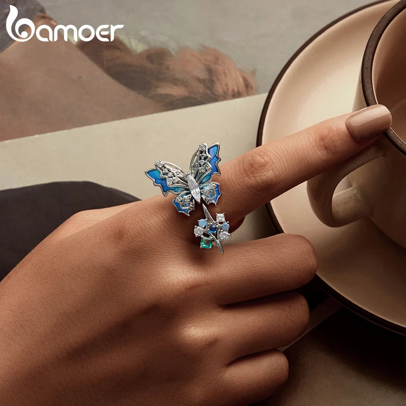 BAMOER White Gold Plated Ice & Snow Butterfly Ring with Blue Enamel, Adjustable Statement Ring for Women Unique Original Design