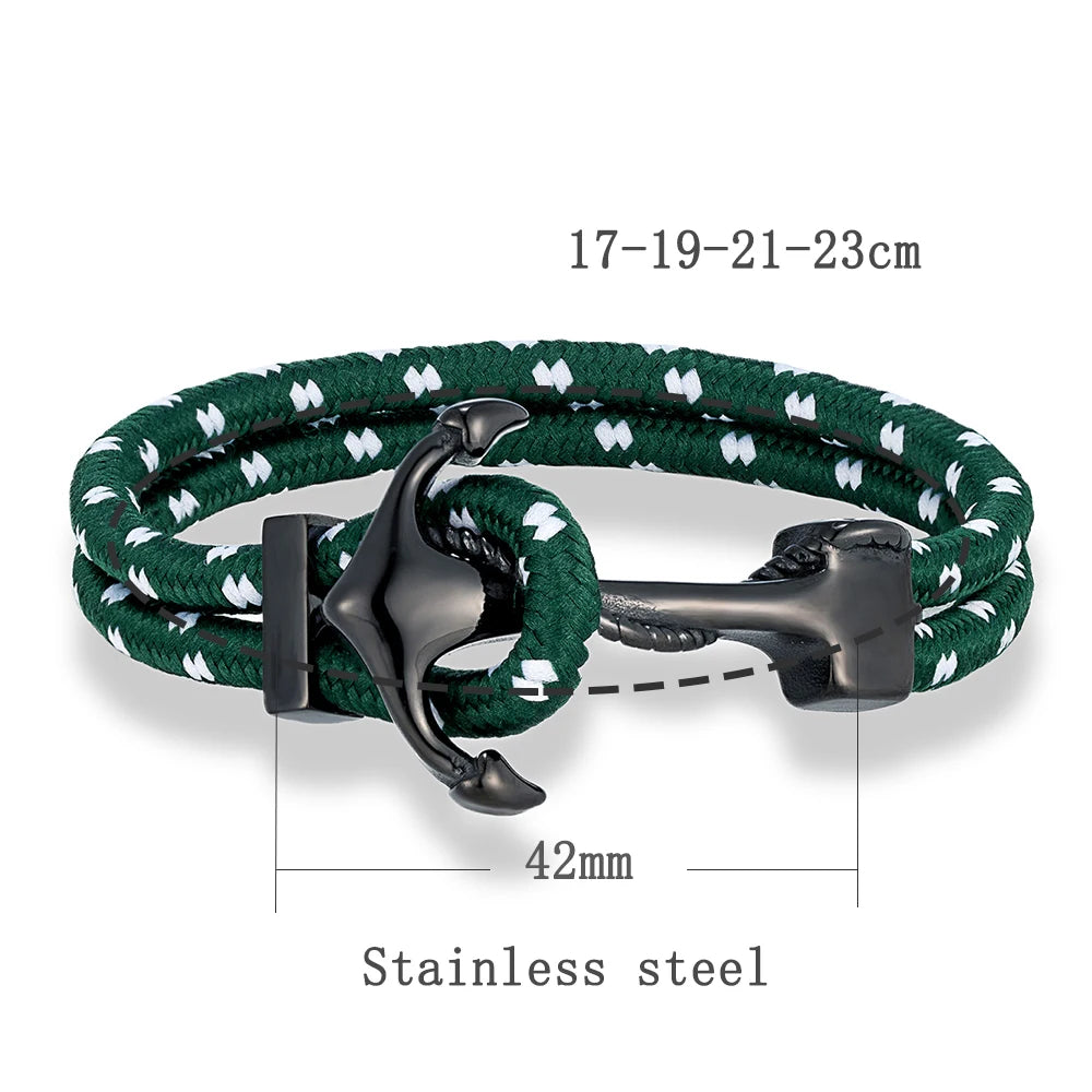 Bracelet MKENDN Classique Homme Ancre, Bracelet en Corde de Nylon Tressée Multicouche, Bracelet Femme en Acier Inoxydable Noir, Bijou Cadeau
