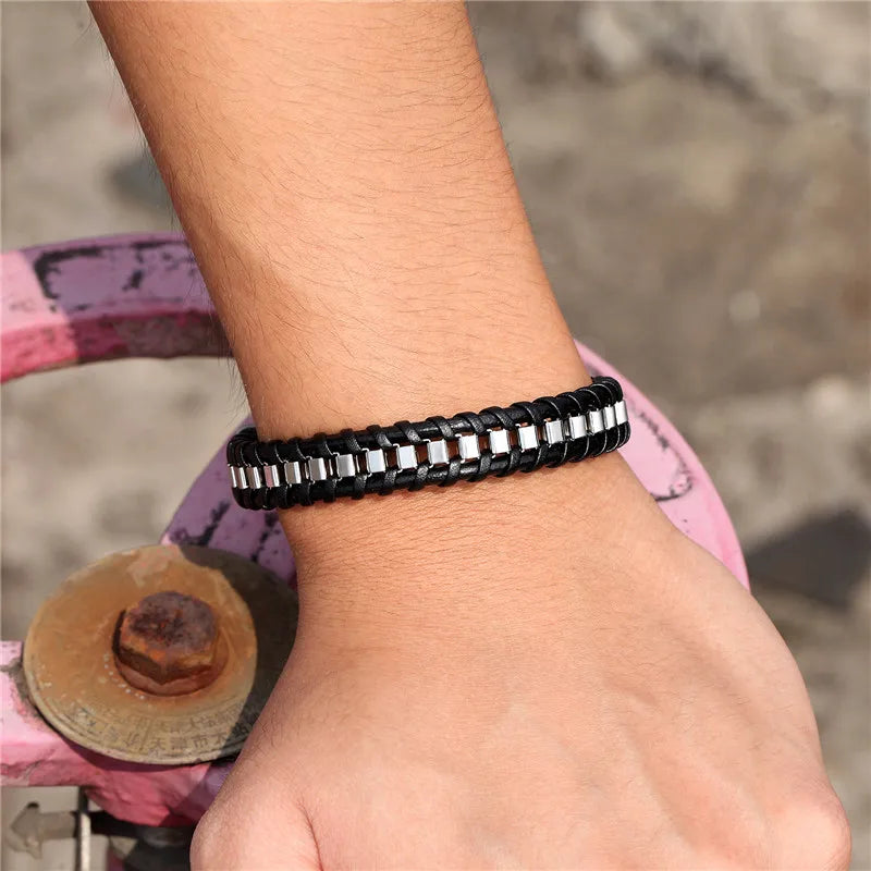 MKENDN Locomotive Vintage Black Chain Link Men Leather Bracelet Punk Stainless Steel Motorcycle Bracelets Male Jewelry