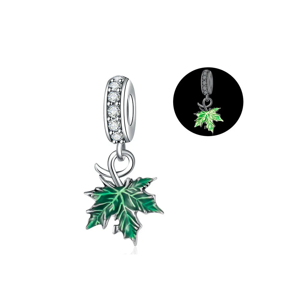 Hot New Summer green series Silver Clover Bead Maple Bird Charm Fit Original Women Bracelet DIY Fine Dangle Jewelry Amulet Gift